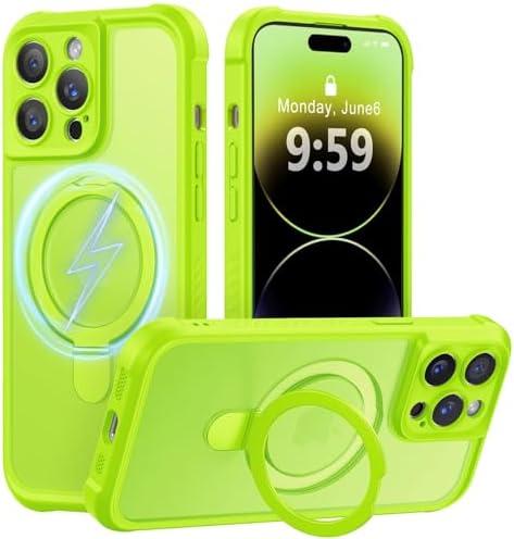 MOCCA Design for iPhone 14 Pro Case with Magnetic Invisible Stand [Full Camera Protection] [Compatible with Magsafe] Military Drop Shockproof Translucent Matte Phone Case Cover 6.1",Fluorescent Green