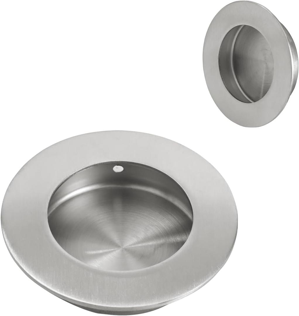 HOMOTEK 2 Pack Round Sliding Closet Door Handles Diameter 2-1/2 in(65mm) Brushed Stainless Steel Flush Pocket Pulls Recessed Bypass Door Handles, Stainless Steel Barn Door Finger Pull Set