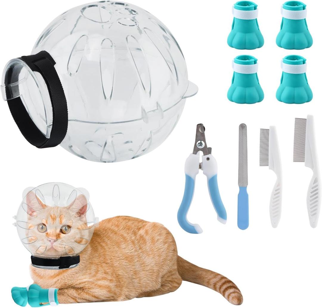 Quixleen Cat Helmet for Grooming Cat Bubble Muzzle Cat Muzzle with 4 Boots Paw Covers 2 Lice Combs 2 Pet Nail Clippers for Cats Grooming Bathing Shaving Nail Trimming