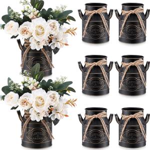 Roshtia 8 Pcs 6 Inch Vintage Galvanized Milk Can Vase Spring Farmhouse Metal Vases Milk Jug Vase Decor with Handle Rustic Flowers Buckets for Weddings Table Centerpiece (Black)
