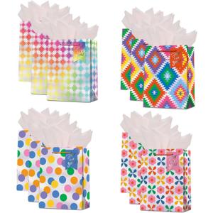 Dimetey 9" Medium Gift Bag with Tissue Paper,12pcs Colorfu Paper Bags for Birthdays,Bridal Showers, Weddings,Mother's Day,Christmas,Thank You Bags-All Occation (Multicolor)