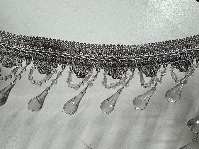 Beaded Trim 4" L, Fringe W/Gimp Top Sold by The Yard - Grey