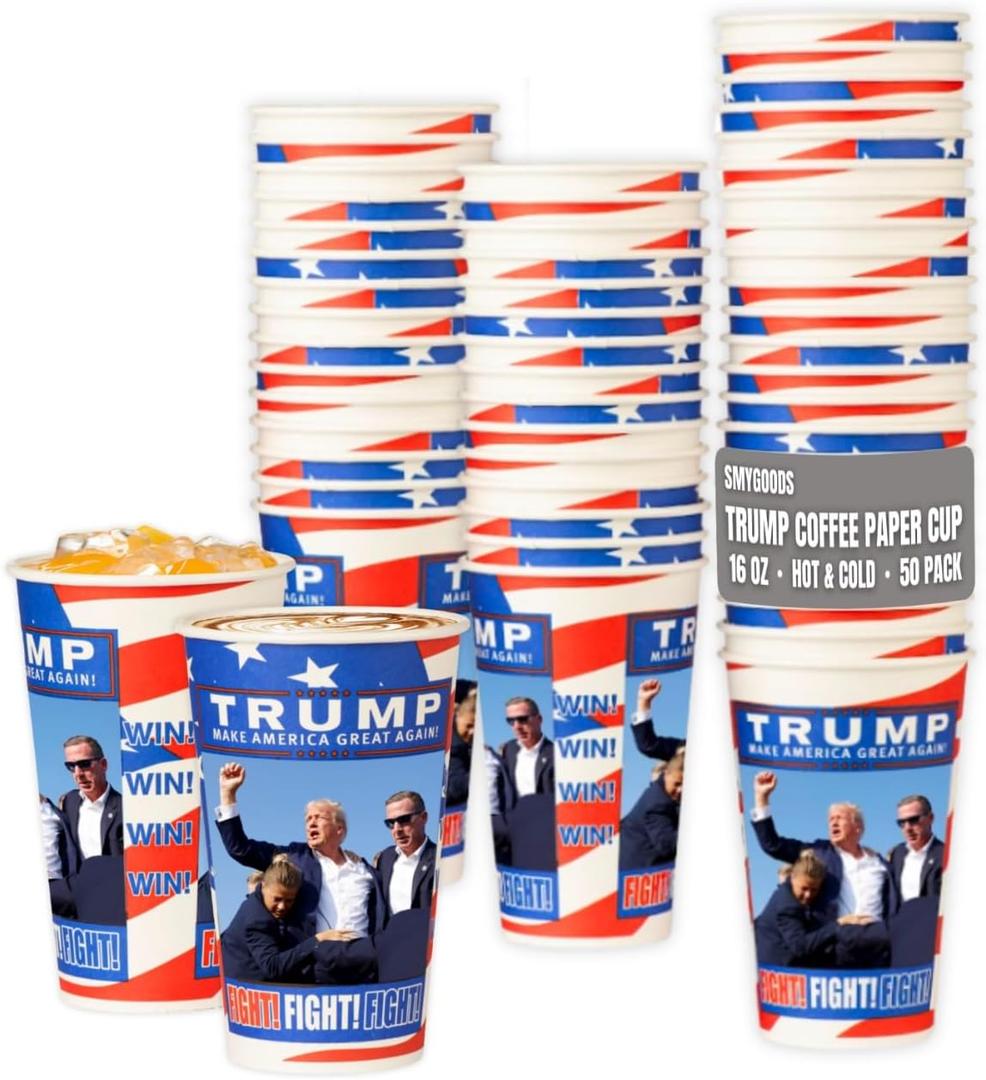 Smygoods Trump Design Disposable Paper Coffee Cups (16 OZ, 50 Count) For Hot Beverages, Tea, Espresso, Cocoa - To Go Drink Containers, Caf & Office