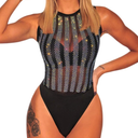 SEBOWEL Women Long Sleeves Mesh See Through Jumpsuit Bodysuit Top Leotard, L