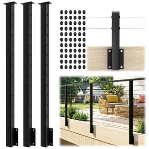 3 Pack Side Mount Level Drilled Cable Railing Post 36"x2"x2"(Post Body 44"), Fixed Top Line Post with 11 Holes, Fascia Mount Stainless Steel Cable Deck Rail Post, Black Wood Concrete Deck Post