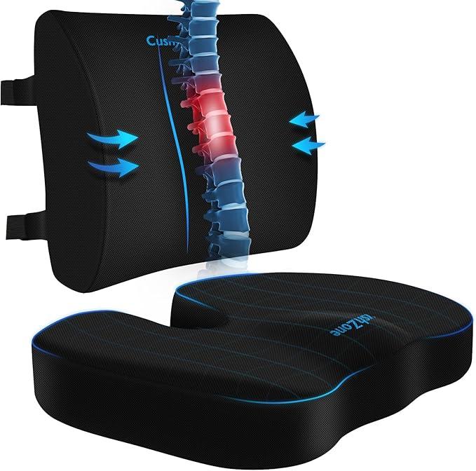 Seat Cushion, Lumbar Support Pillow with Adjustable Strap-Chair Cushions for Sciatica Pain Relief-with Washable Cover Memory Foam for Car, Travel and Wheelchair-Black