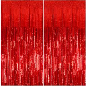 2 Pack Foil Curtain Backdrop Red Metallic Tinsel Foil Fringe Curtains Photo Booth Props for Birthday Wedding Engagement Baby Shower Bachelorette Christmas Holiday Celebration Party Decorations