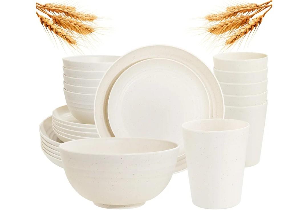 Rubtlamp 24 Pcs Wheat Straw Dinnerware Sets, Unbreakable Reusable Plastic Wheat Straw Bowls & Plates Dinner Set, Microwave And Dishwasher Safe Plates, 12Plates, 6Bowls, 6Cups for Party(Beige)
