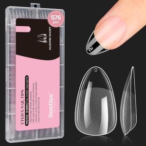 Beetles Gel Nail Tips Almond Short, 576Pcs 12 Sizes Etch-X Half Matte Full Cover Soft Acrylic False Nail Tips Easy DIY Fake Press On Nail Extension Set Salon Gift for Women