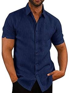 Pengfei Mens Short Sleeve Shirts Linen Cotton Button Down Tees Spread Collar Plain Shirts Navy  (Medium)