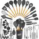 Kaluns 50 PCS Silicone Kitchen Utensils Set Complete Kitchen Set - 800F Heat Resistant Non-Stick Premium Cooking Utensils W Wooden Handles - Can Opener, Masher, Turner, Silicone Spatula Set (Gray)