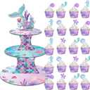 3 Tier Mermaid Cupcake Stand Party Decorations, Mermaid Themed Cupcake Holder Decorations with 20Pcs Mermaid Cupcake Wrappers and Toppers, Cupcake Display Holder Birthday Party Supplies