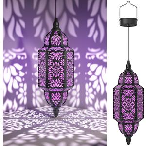 Twinkya Hanging Solar Lights Outdoor Garden Decorative Solar Lantern Waterproof Metal Moroccan Outdoor Decorations for Patio Pathway Yard Porch Backyard Garden Decor (Purple, 1 Pack)