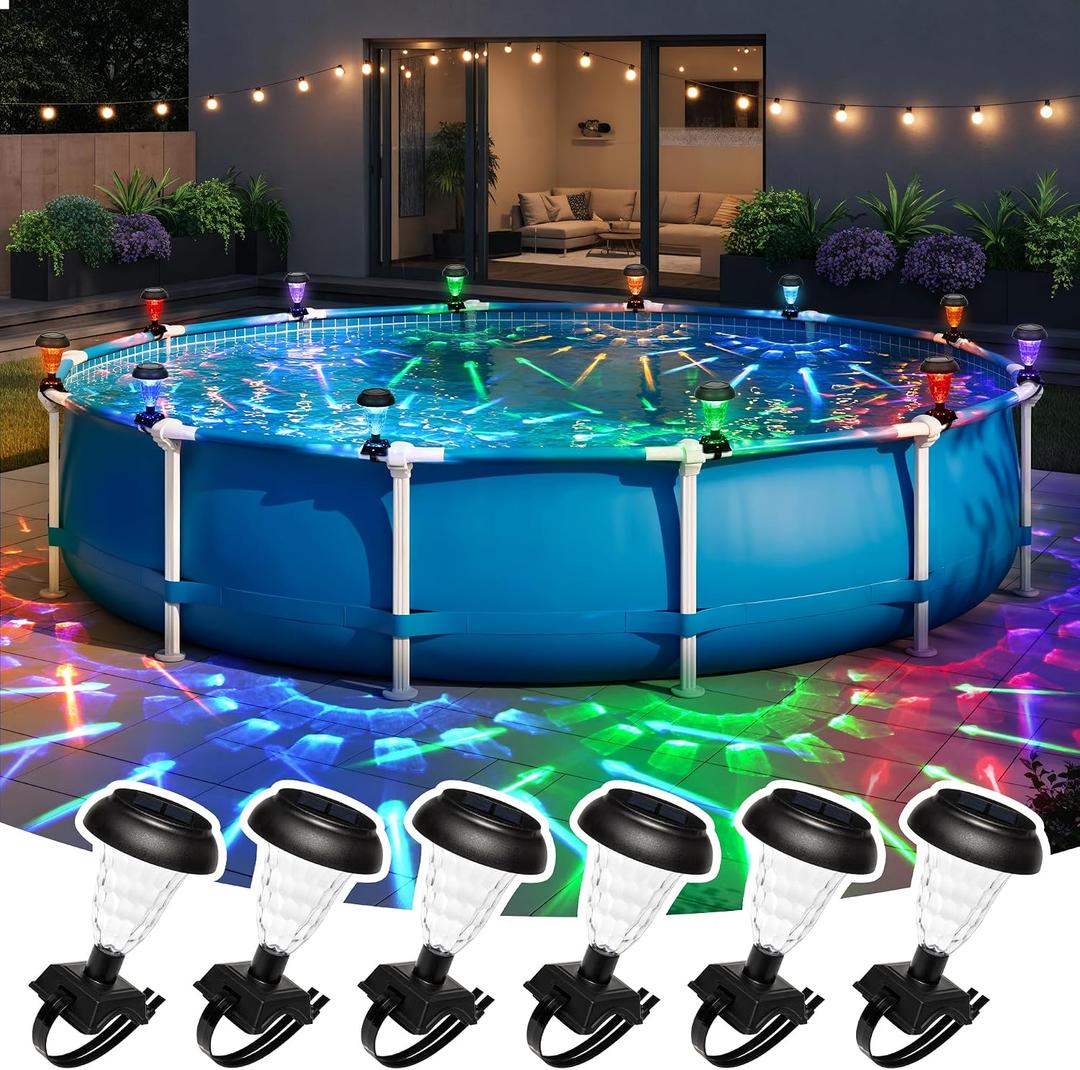 Solar Powered Pool Lights for Framed Above Ground Pools, Waterproof RGB Color Changing Light, Backyard Decor Accessories for Framed Swimming Pools, 6 Pack
