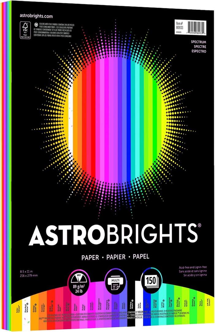 Neenah Paper Astrobrights Color Paper, 8.5 x 11, 24 lb/89 gsm, Spectrum 25-Color Assortment, 150 Sheets (80933-01)