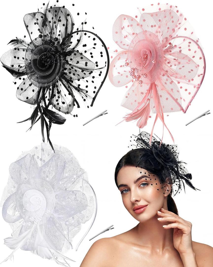 Yunsailing 3 Pack Fascinators Hats for Women Tea Party Mesh Flower Derby Fascinator Hat with Headband and Clip for Derby Events Wedding