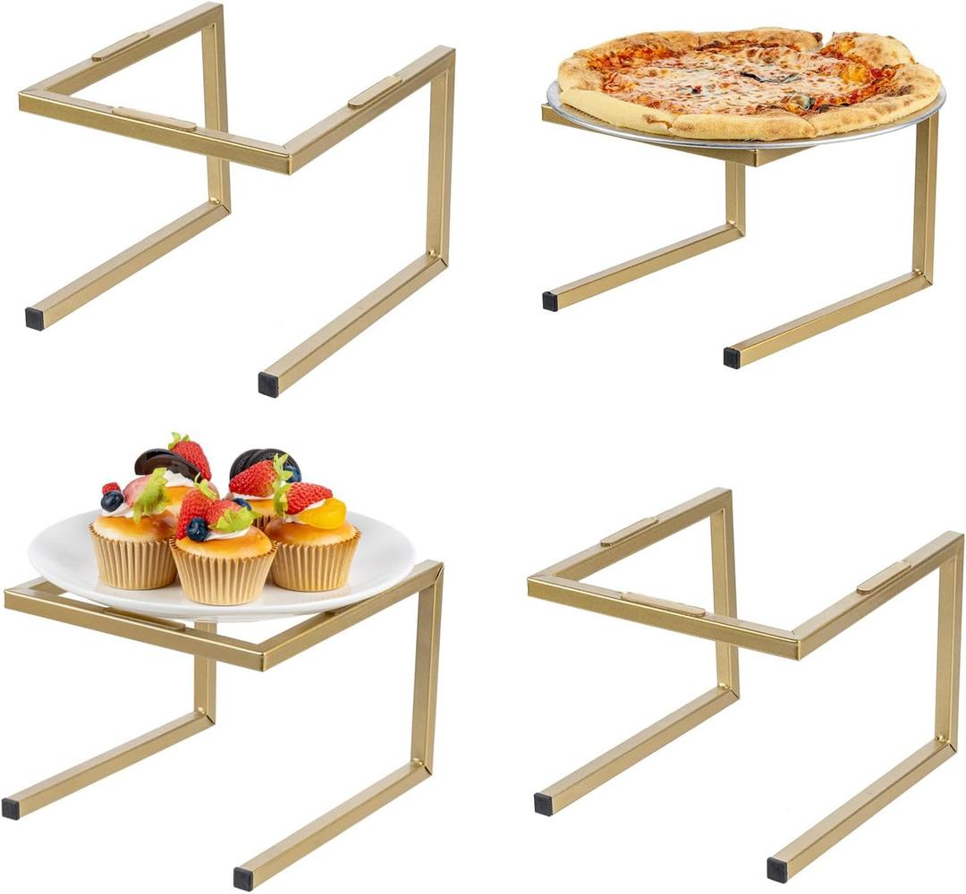 MyGift Premium Brass Tone Metal Pizza Pan Riser Stand, Square Tube Racks Restaurant Buffet Tabletop Food Platter Serving Tray Display Risers for Party, Set of 4