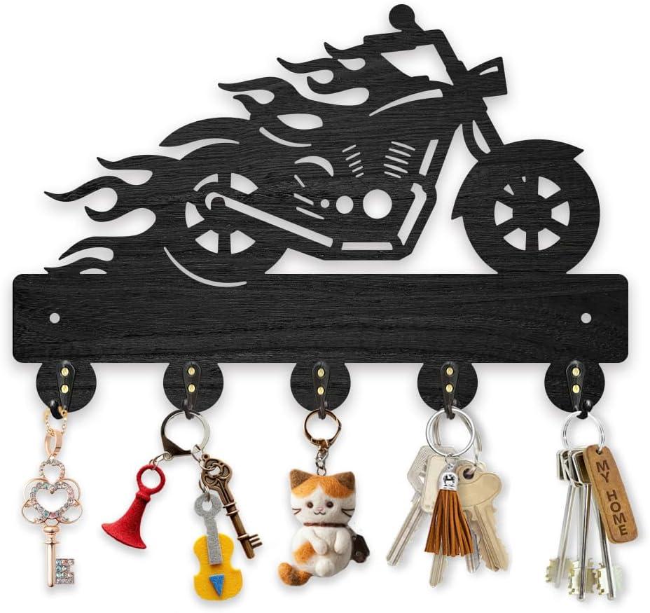MAYJOYDIY Wood Motorcycle Flame Coat Hooks Motorbike Fire Key Holder for Wall 11.87.9inch Black Key Hooks Rack 5 Alloy Hooks Home Decor Gifts Entryway Kitchen Bathroom Storage Organizer