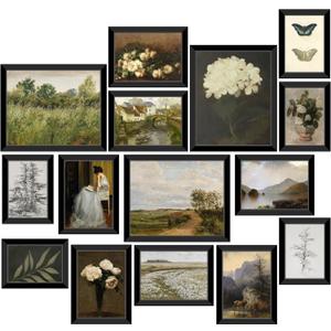 LANCHI95 Framed Vintage Wall Art Set of 15 – Gallery Wall Decor for Living Room & Bedroom, Moody Antique Botanical & Landscape Prints, Farmhouse French Country Aesthetic Wall Decor