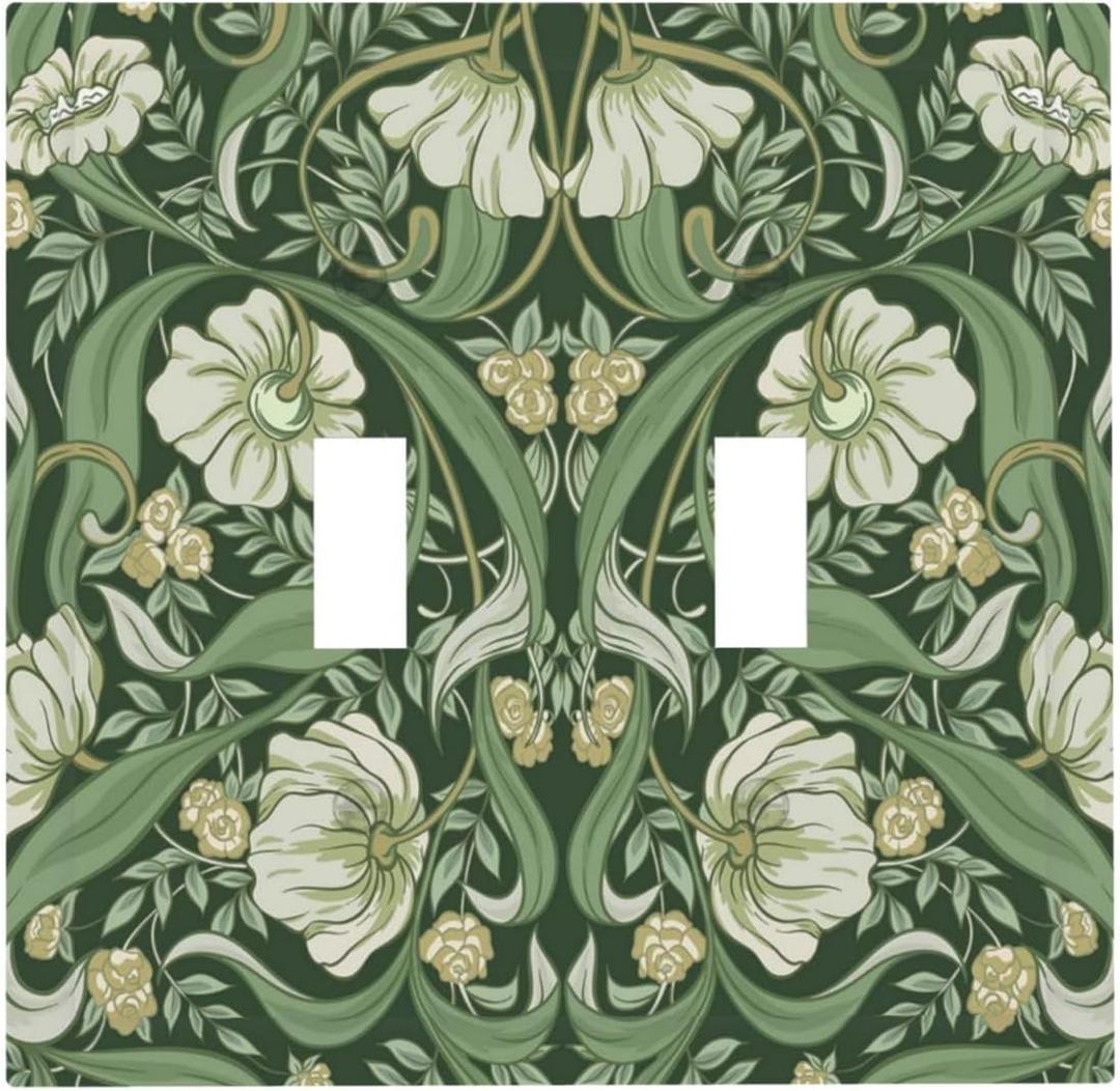 William Morris Light Switch Covers Decorative 2 Toggle Vintage Green Floral Double Toggle Wall Plate Dual Decorative Switchplate Electrical Faceplate For Farmhouse Bathroom Bedroom Decor (2-Gang Toggle / 5 x 4.9 IN)
