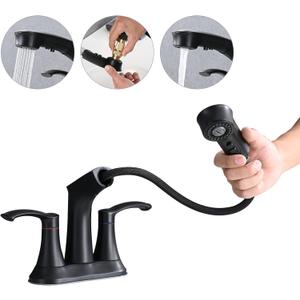 Bathroom Faucet with Pull Out Sprayer, 4 Inch Centerset 3 Hole, 2 Handle Pull Out for Bathroom, Utility Sink or Laundry Tub, Matte Black