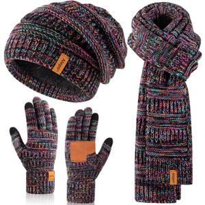 Winter Beanie Hat Scarf Gloves Set for Women, Slouchy Beanie Long Scarf Touchscreen Gloves, Warm 3 in 1 Christmas Gift Set