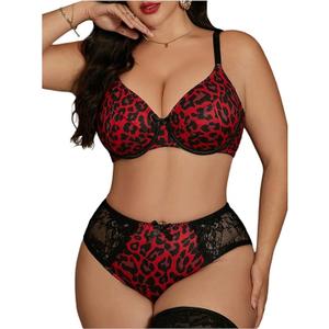 MakeMeChic Women's Plus Size 2 Piece Lingerie Set Leopard Print Floral Lace Bow Knot Bra and Panty Sets XL