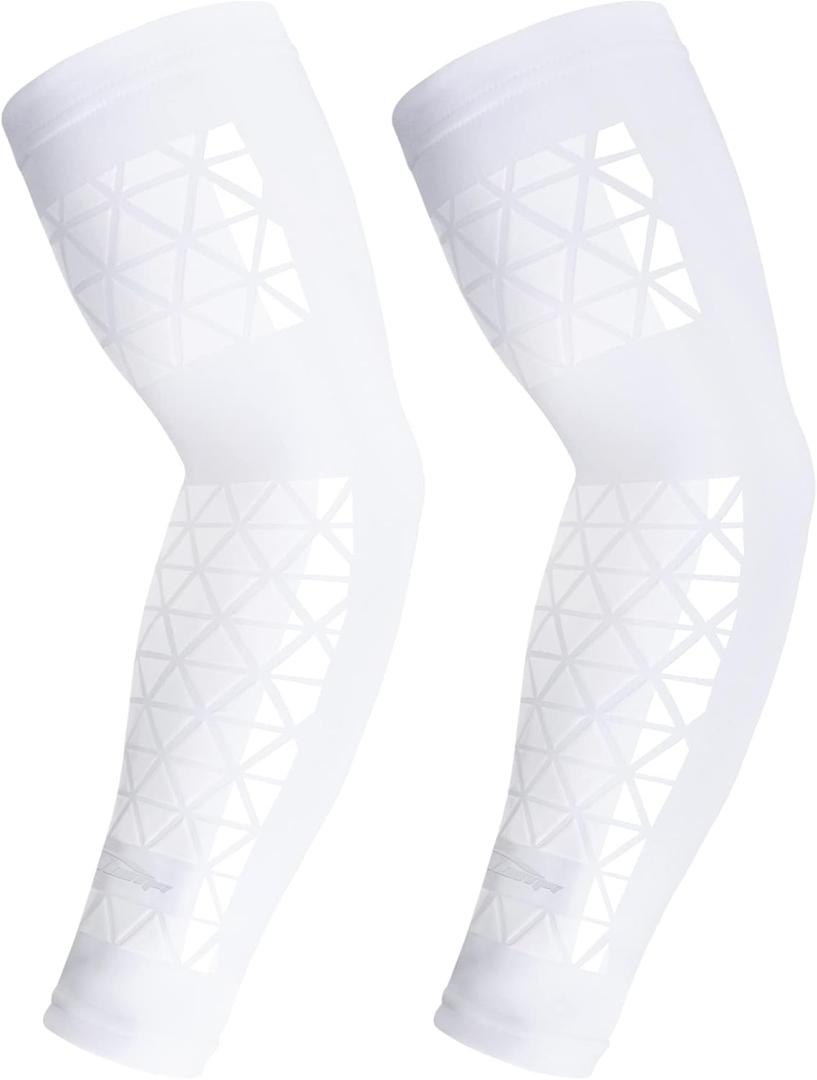 COOLOMG Football Compression Arm Sleeve with Stick Grips Forearm and Elbow Sun Protection Sleeve Kids Youth Adult (Small, White Pair)