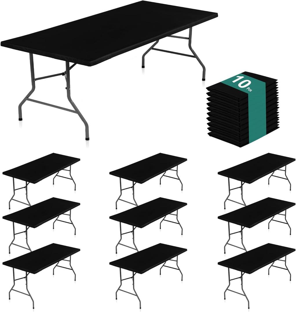 LUSHVIDA 10 Packs Vinyl Tablecloths with Flannel Backing for 6ft Rectangle Folding Table Cloths - Waterproof Plastic Picnic Table Covers with Elastic Corners, 30x72 inch, Black
