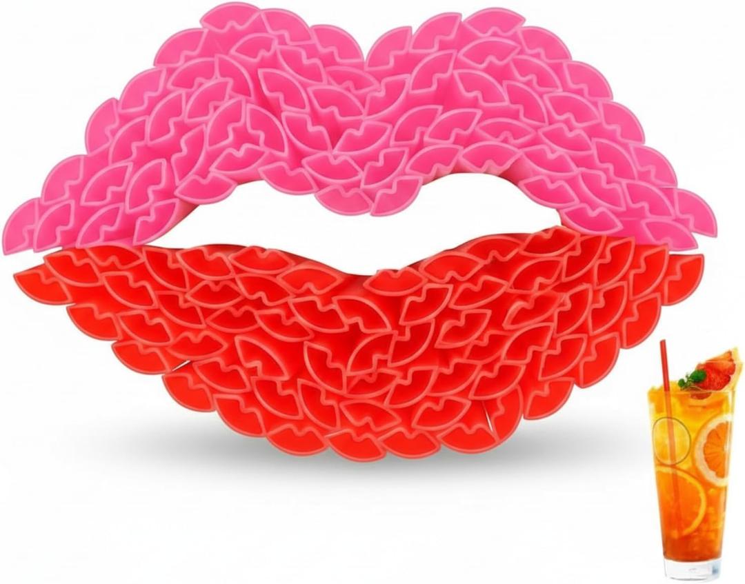 2 x Potchen 50 Pcs Plastic Straws Disposable Drinking Straw Bulk for Summer Hawaii Game Fruit Party Supplies(Red,Hot Pink,Lips)