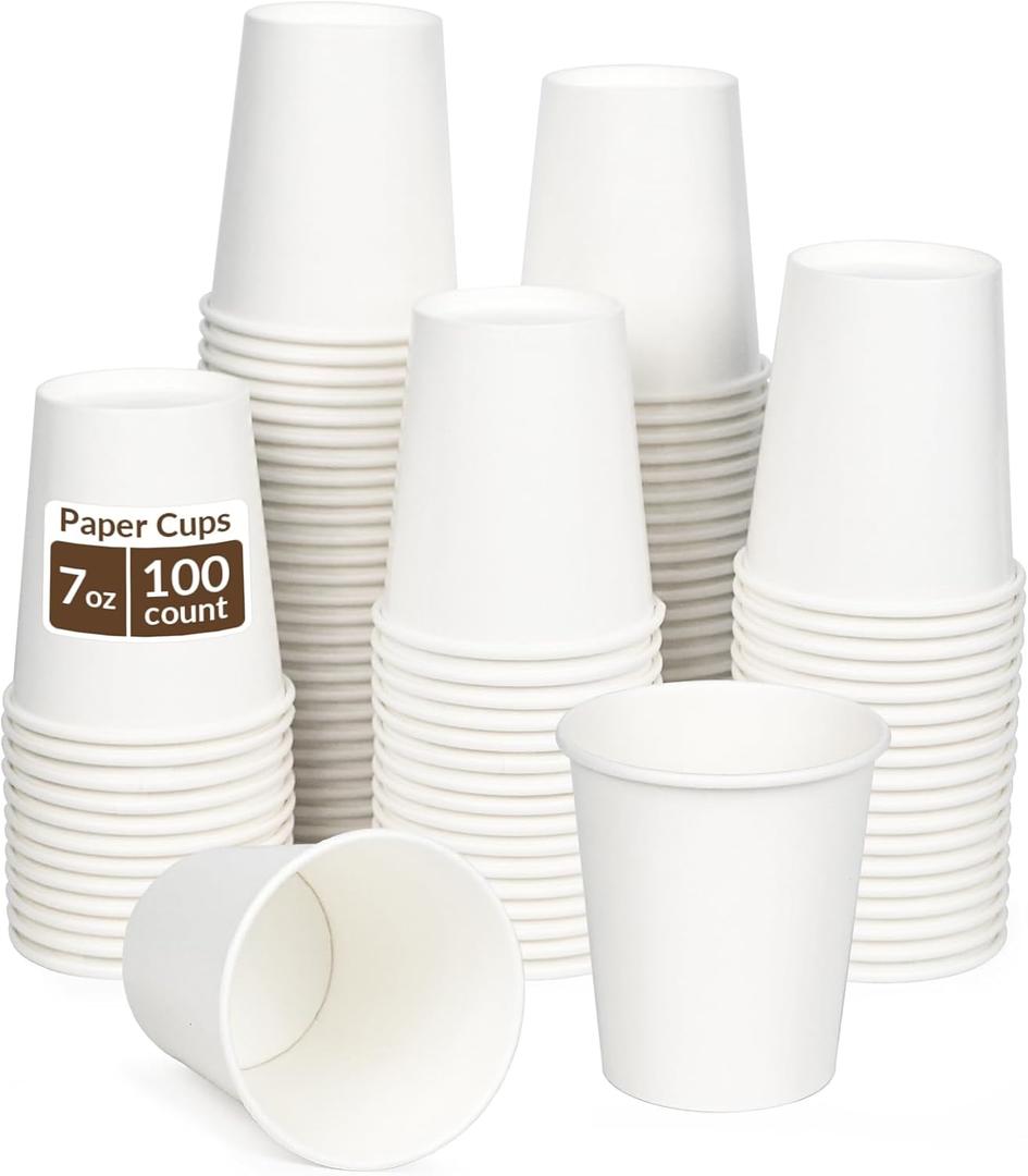 ESSENTIAL 100 Pack 7 oz Disposable Paper Coffee Cups, White Drinking Cup for Hot/Cold Beverage, Hot Coffee Cups for Party, Picnic, Travel,and Events