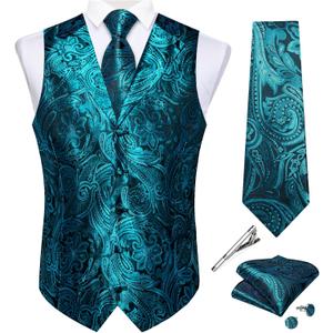 DiBanGu Men's Silk Paisley Vest and Tie Set 5PCS | Dress Vest for Men,Suit Casual Formal Waistcoat,Necktie,Notch Lapel,5 Buttons,2 Real pockets,Wedding,Party,Business,Tuxedo (Blue, M)