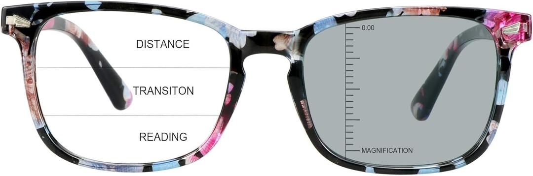 Vintage Square Progressive Multifocal Presbyopic Glasses, Photochromic Gray Sunglasses for Men Women Readers (+0.00/+2.50 Magnification) (Floral)