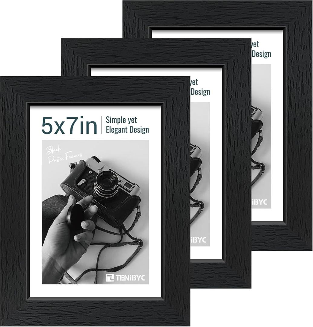 TENIBYC 5x7 Picture Frame 3 Pack - Black Woodgrain, Solid Wood & HD Tempered Glass, Table Display or Wall Hanging