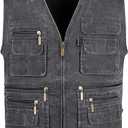 Men's Stone Washed Denim Multi-Pocketed Fishing Work Outerwear Vest
(Large, Black)