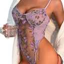 Lilosy Plus Size Women Sexy Lace Up Floral Embroidered Teddy Babydoll Lingerie Bodysuit Top Mesh Sheer One Piece See Through Butterfly Light Purple 3X-Large