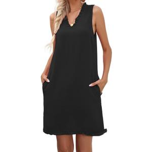 Famulily Women Cute Sleeveless Ruffled Deep V Neck Dresses Cotton Linen Dress for Summer Casual Shift Dress with Pockets (X-Large, Black)