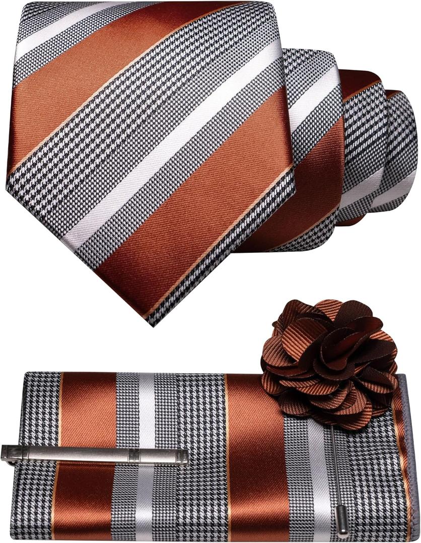 JEMYGINS Mens Striped Tie and Lapel Pin Necktie Pocket Square and Tie Clip Sets for Business Casual 4PCS (Rust)