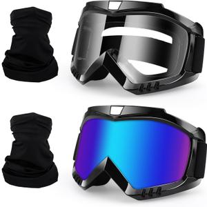 Motorcycle Motocross Goggles 2-Pack with Neck Gaiter, ATV Dirt Bike Goggles Bike Riding Offroad Wide Vision Glasses with Breathable Mask for Men Women Youth KidsColor+Clear