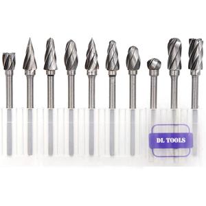 DLtools 10pcs Aluma Cut Tungsten Carbide Rotary Burr Set, Metal Carving Drilling Polishing Cutter Bits with 1/8"(3mm) Shank and 1/4"(6mm) Head Dia for Die Grinder Drill Aluminum and Wood