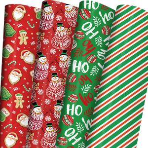 Cuitpan Red Green Christmas Wrapping Paper for Kids Adults - Holiday Gift Wrap with Gingerbread Men, Snowmen, Santa, Striped, HO HO HO Designs - 28 x 40 Inches, 6 Large Sheets - Easy Storage