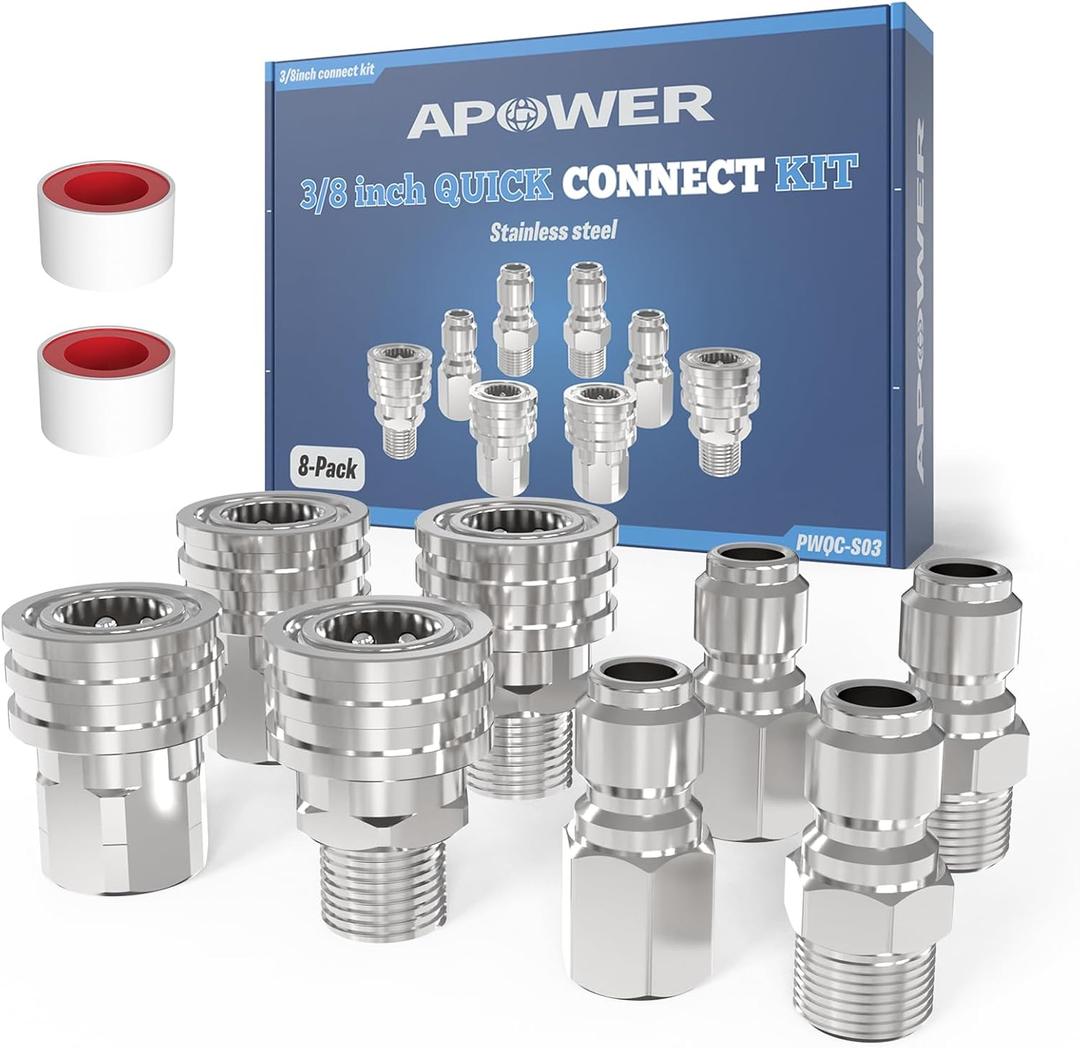 Pressure Washer Quick Connect Kit, 3/8" Male Female Quick Disconnect Kit for Power Washer, 3/8 Inch Hose Fittings Adapter Set, Stainless Steel, 8 Pcs