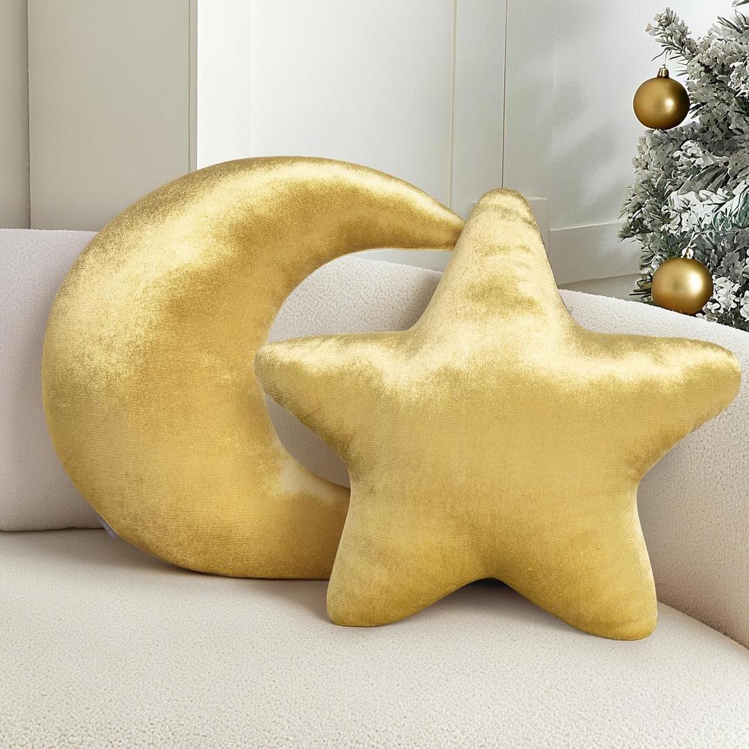 AELS Star & Moon Pillow Set of 2, 19.6"& 15.7" Soft Velvet Decorative Throw Pillow for Couch Bed Living Room Nursery Home Decor Gift for Christmas, Birthday, Baby Shower, Golden Moon and Star
