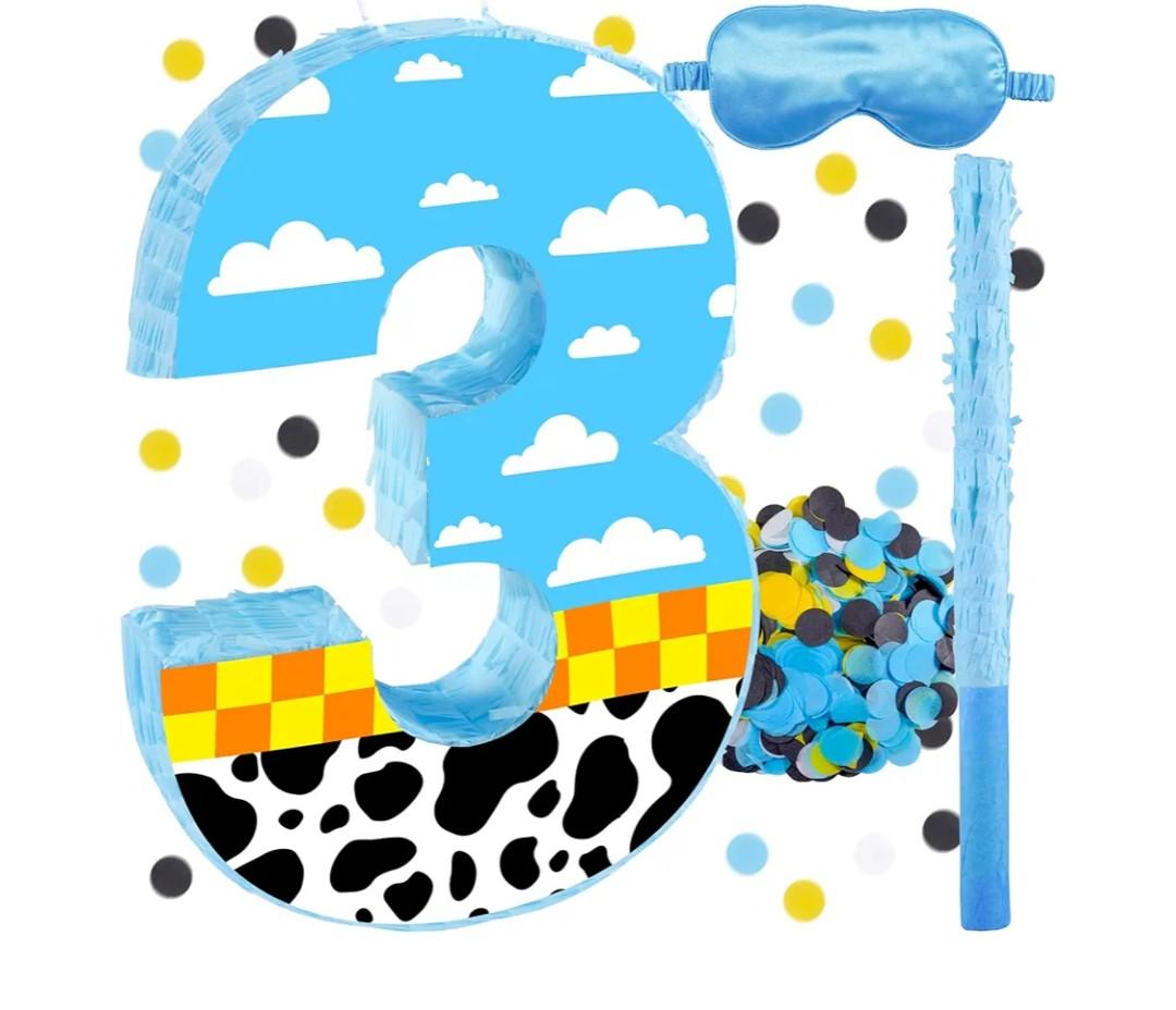 16 Inch Number 3 White Cloud Pinata with 16 Inch Piñata Stick Blindfold Confetti for Boy Girl Kids 3rd Birthday Party Decorations(3rd)