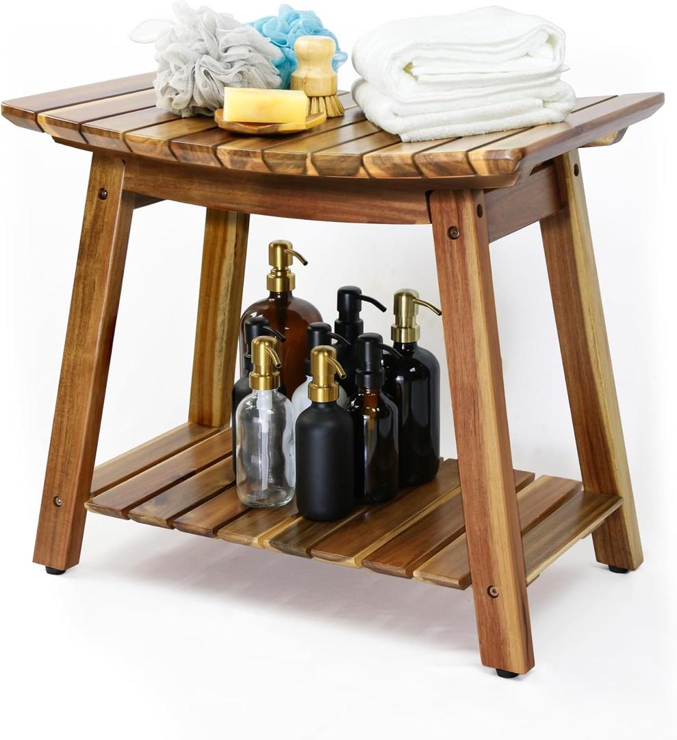 Acacia Shower Stool Bench for Inside Shower and Bath, 24-Inch Shaving Shelf, Waterproof Seat for Adults & Seniors