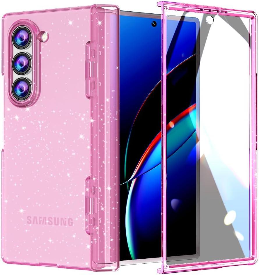 FABSPARK Case for Samsung Galaxy Z Fold 6 Built-in Screen Protector,Hinge Protection,Sparkly Bling Glitter Crystal Clear Transparent Slim Fit Acrylic Hard PC for Samsung Z Fold 6 Case,Glitter Pink