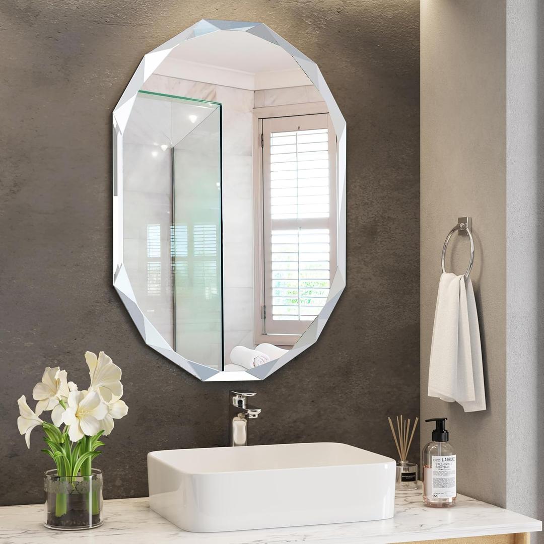 Silver Wall Mirror-Beveled Edge Frameless Mirror for Bathroom, Vanity, Bedroom, Rectangle Mirrors (24 x 36 inch)