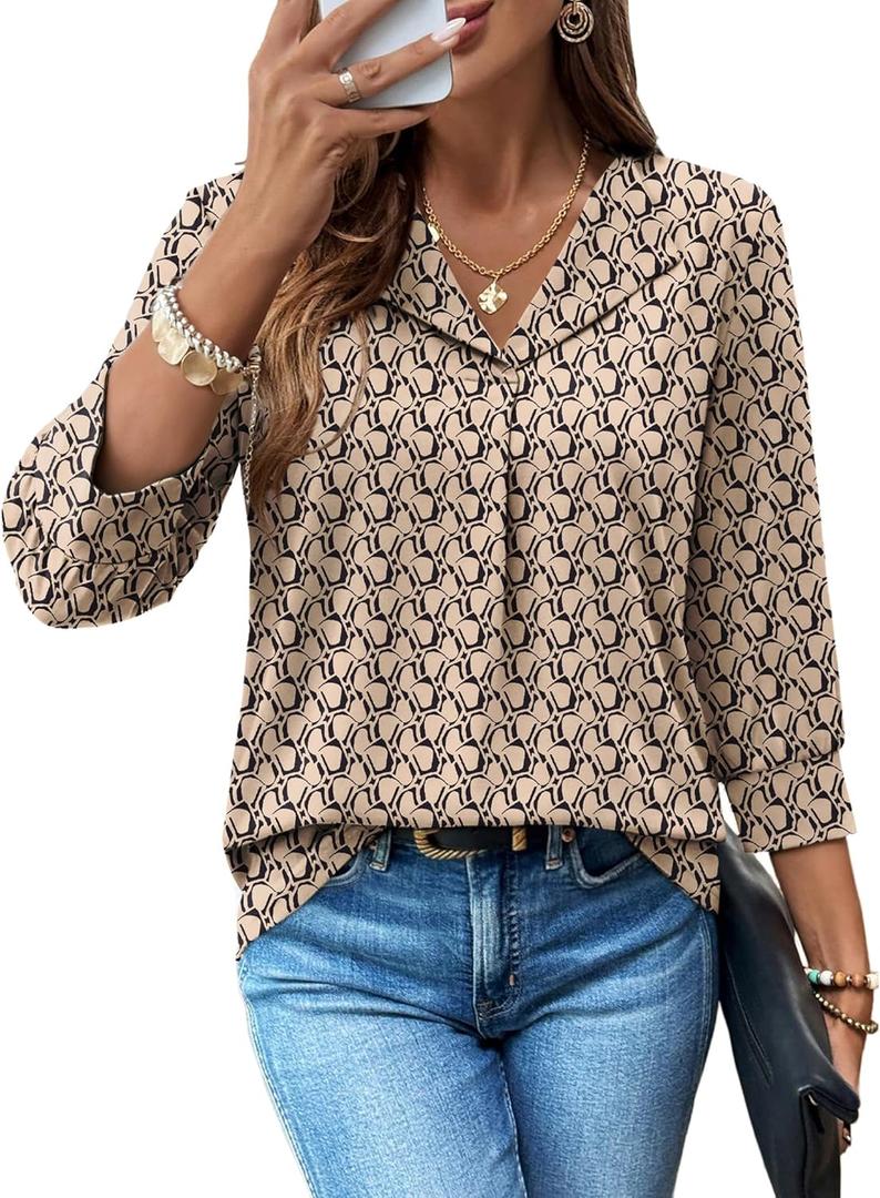 WIHOLL 3/4 Length Sleeve Womens Tops Dressy Casual Blouses Summer Spring Trendy Business Outfits Fashion Clothing (X-Large, Geometric)