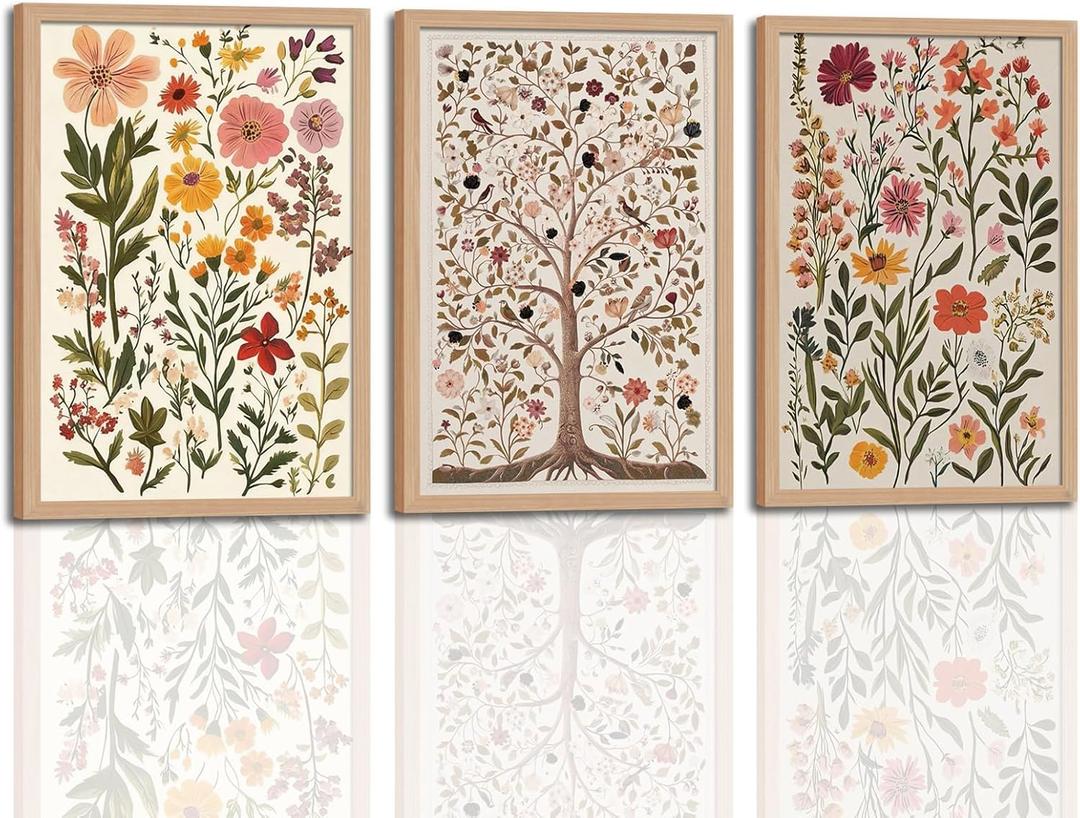 3pcs Neutral Framed Wildflower Wall Art Tree of Life with Birds Poster Colorful Floral Wall Decor Vintage Flower Art Prints for Living Room Bedroom Bathroom 16x24 In