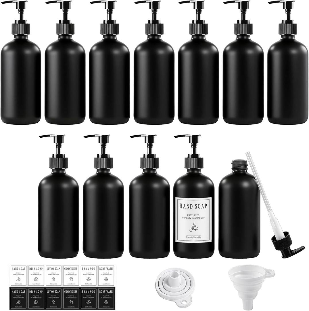 TBWIND 12 Pack 8oz Black Glass Soap Dispenser Bottles with Pumps, Refillable Glass Bottles for Shampoo, Conditioner & Lotion, Ideal for Bathroom, Kitchen, Waterproof Labels & Funnels Included